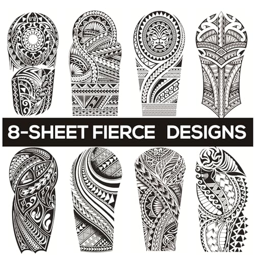 8 Sheets Waterproof Temporary Totem Tattoos - Long Lasting Black Totem Tattoo Temporary Realistic - Fake Tattoos for Adults and Kids - Western, Gothic & Watercolor Styles