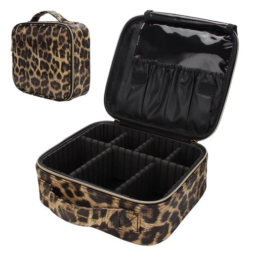 Uongeod Travel Makeup Bag Leopard Print PU Leather Cosmetic Makeup Bag Organizer case with Adjustable Dividers for Women
