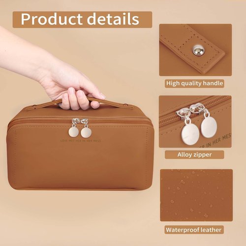 zaleeta Travel Makeup Bag, Large Capacity Cosmetic Organizer Bags for Women, Waterproof PU Leather Toiletry Bags, Wide Open Flat Makeup Case with Divider and Handle