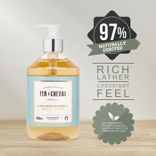 Fer à Cheval Marseille Liquid Soap Aqua Tangerine - Shea Butter & Almond Oil, Hydrating Hand Wash, Natural Ingredients - Set of 2, 500ml/16.9 f oz