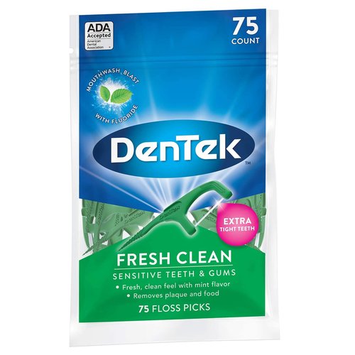DenTek Fresh Clean Floss Picks, for Extra Tight Teeth, 75 Count, (Pack of 6)