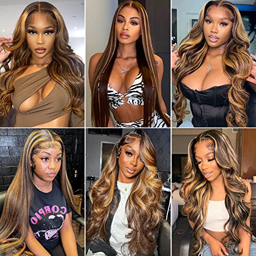 28 Inch Highlight Ombre Lace Front Wigs Human Hair 13x6 Body Wave Frontal Wigs Pre Plucked With Baby Hair 180% Density 4/27 Colored Honey Blonde Wig Human Hair for Women