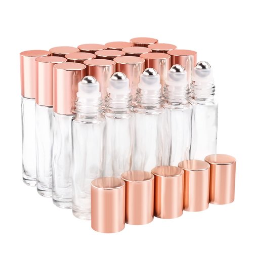 BOSMIOW 10ml(1/3oz) Glass Roller Bottles 20 Packs Glass Essential Oil Roll On Bottles for Perfume Aromatherapy with Stainless Steel Roller Balls