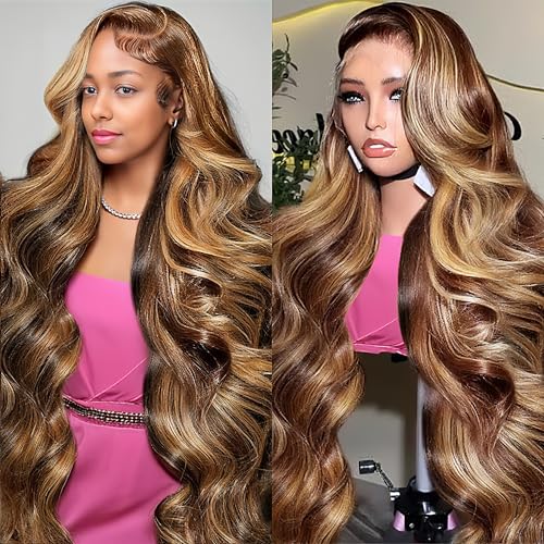 Ombre Honey Blonde Lace Front Wig Human Hair 13x6 Highlight Body Wave Lace Front Wig Glueless Pre Plucked With Baby Hair P4/27 HD Lace Frontal Wig 200% Density Colored Wigs 32 Inch