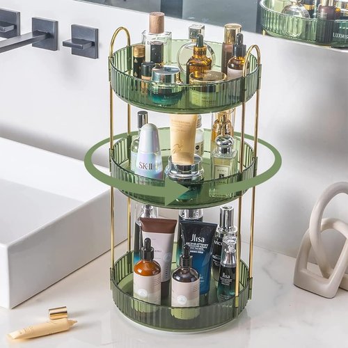 Satpurush 360° Rotating Makeup Organizer – 3-Tier Spinning Cosmetic Holder for Vanity, Countertop, Bathroom & Dresser – Perfume, Skincare & Cosmetic Care Organizer (Clear Green, 3 Tier)