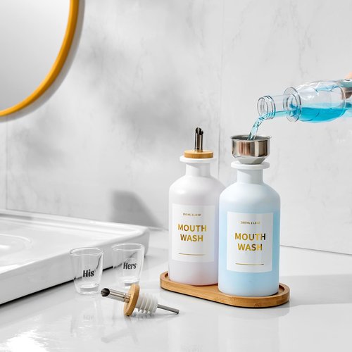 MUVEKA Glass Mouthwash Dispenser for Bathroom, 11.8oz Mouthwash Holder with Stianless Steel Spouts, Mouthwash Decanter with Bamboo Holder, Refillable Cups, Reusable Funnel, Golden Stickers