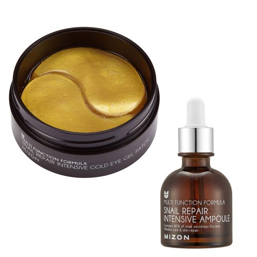 MIZON Snail Gold Eye Gel Patches + Snail Repair Intensive Ampoule, Moisturizing, anti-aging, skin regeneration, Reduces Puffiness, Dark Circles treatment