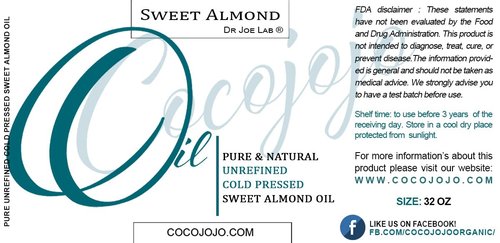 cocojojo Sweet Almond Oil - Face Skin Hair Cold Pressed 32 oz Natural Pure Massage Antioxidant Extra Virgin Unrefined