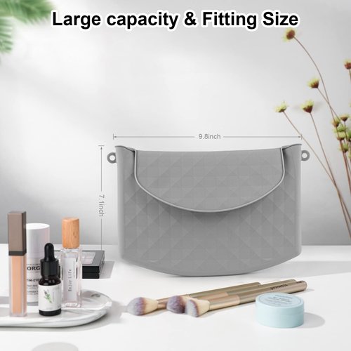 NPET Silicone Travel Makeup Bag with Magnetic Closure, Large Size Makeup Bag Organizer Easy Carry Travel Cosmetic Bag Travel Essentials Soft Silicone Make up Bags for Women Girls Men (Gray)