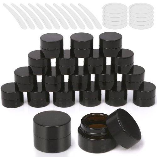 Wokape 20Pcs 5ml Round Glass Jars with Liner Lids Spoons, 0.17oz Amber Refillable Cosmetic Storage Jars for Cream Lotion Liquid Powder