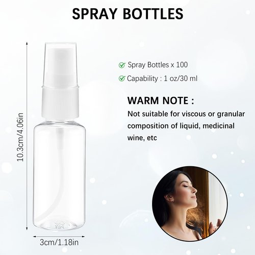 KoMvzyl 100 Pcs Mini Spray Bottles 1 oz Small Plastic Fine Mist Spray Bottles Clear Alcohol with Small Funnels Empty Plastic Bottles Travel Bottle for Essential Oils Travel Perfumes
