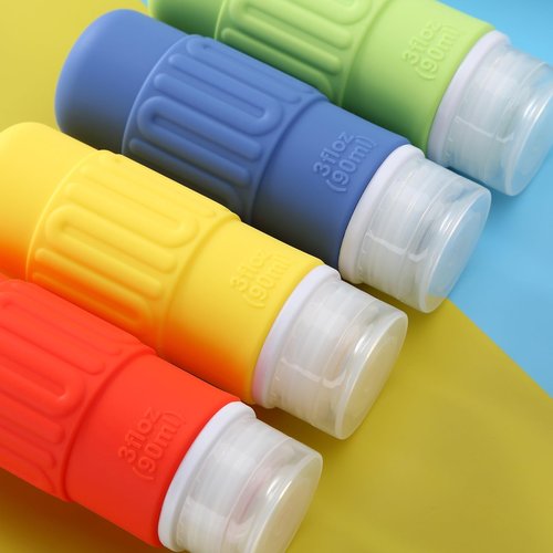 Mrsdry Travel Bottles for Toiletries, BPA Free Leak Proof Reusable Silicone Bottles, TSA Approved 3oz Travel Size Container, TravelAccessories for Shampoo Soap Liquids with Toiletry Bag (4 Pack)