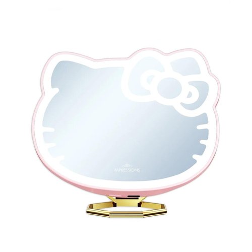 Impressions Vanity Hello Kitty 3X Magnifying Pocket Mirror with Stand, Adjustable Brightness Daylight LED Lighted Compact Makeup Mirror for Desk, Travel, Purse (Pink)
