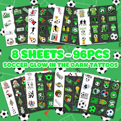 96 PCS Soccer Ball Glow In The Dark Pre-Cut Temporary Tattoos Sticker Football, Sports Themed Birthday Party Decorations Supplies Favors Europa, World Cup Cute Tattoo School Reward Game (Luminous)