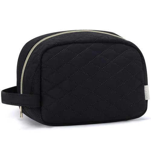MAXTOP Black Quilted Makeup Bag Small Makeup Pouch for Women Travel Essentials Waterproof Travel Bag for Cosmetics Toiletries Accessories（Black）