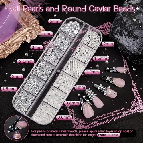 3D Mini Punk Nail Studs Cone Spike Alloy Rivets (Black+Silver), Flatback Nail Pearls and Round Steel Balls Beads(Silver), Goth Nail Charms and Gems for Nail Accessories