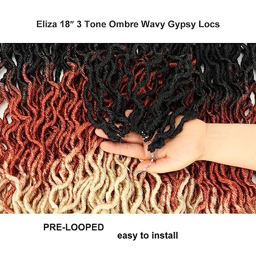 Eliza 18 Inch Wavy Gypsy Locs Ombre White Soft Locs Crochet Hair 8 Packs Goddess Faux Locs Crochet hair for Black Women African Roots Synthetic Braiding Hair Extensions(18",8 Packs, OM3T30613)