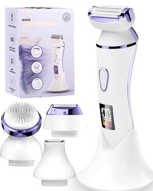 4 in 1 Electric Shaver for Women with Facial Brush, Electric Razor for Legs Underarm Pubic Hair, Bikini Trimmer IPX7 Portable Body Hair Removal, Wet & Dry Use, Rechargeable Grooming Kit, Light Purple