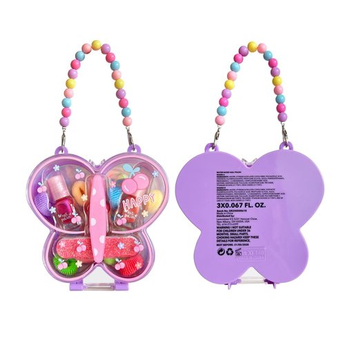 M&U MAKE YOU UP Butterfly Jewelry Case Nail & Hair Set - 3 Quick-Dry Polishes + 5 Fuzzy Elastics | Portable Beaded Clutch for Teens, FashionGift with Floral Charm Party Favors