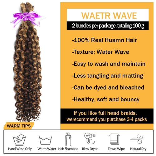 Human Braiding Hair for Boho Knotless Braids Bulk Curly Bundles Human Hair for Micro Braiding Wet and Wavy Water Wave No Weft Human Hair Extension for Box Boho Braids with 4/27# 18inch