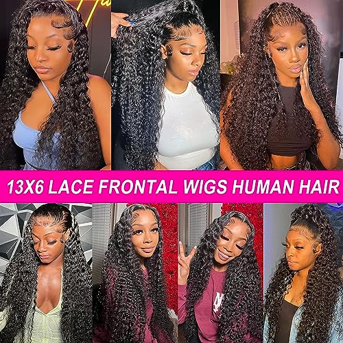 Hswpawk 13x6 Deep Wave Lace Front Human Hair Wigs - Glueless, Wet & Wavy, Pre-Plucked Curly Lace Frontal Wig