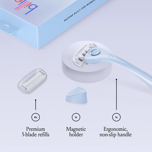 Billie Razors for Women Shave Kit with Women’s Razor, 4 x 5-Blade Razor Refills, Magnetic Holder - Cool Blue and Malibu