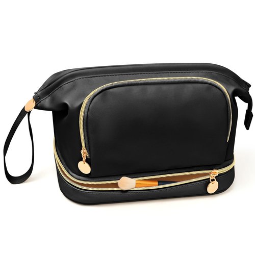 Hairao Toiletry Bag for Women, Large Makeup Bag with Double Layer Design, Waterproof Makeup Organizer Bag, PU Leather Cosmetic Travel Bag with Brush Compartment, Q-Black