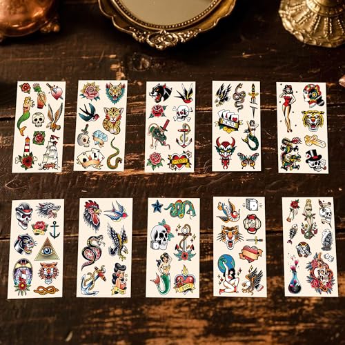 76 Pcs Retro Temporary Tattoos Classic Old School Colorful Tattoos Stickers Flowers Snake Adult Men Women Body Art