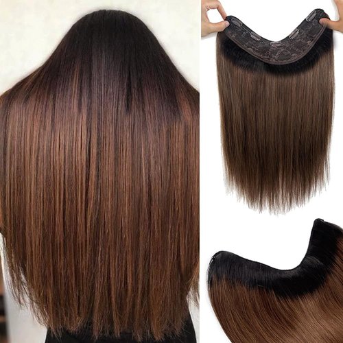 Brown Clip in Hair Extensions Real Human Hair,Highlight Ombre Clip in Human Hair Black Roots One Piece 5 Clips with 3/4 V-Shaped Double Weft Clip in Extensions Full Head for Women 16 Inch 80g(45cm)