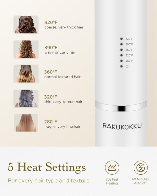 Titanium Curling Iron 1 1/4 Inch, Curling Wand with Clamp for Long Hair, Extra Long Barrel, Dual Voltage, 30s Fast Heating, 5 Temperatures, Auto Shut-Off, Silver+White
