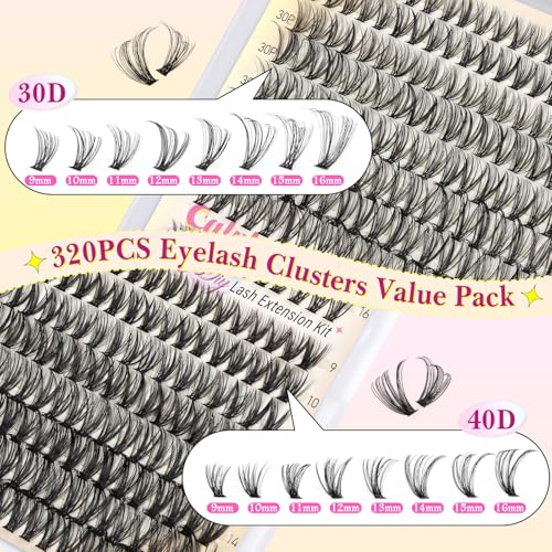 Eyelash Extension Kit 320PCS Lashes Clusters 30D+40D Lash Extension Kit 9-16mm Wispy Cluster Eyelash Extensions Kit with Lash Bond and Seal Tweezers Natural Lash Clusters Kit for Beginners