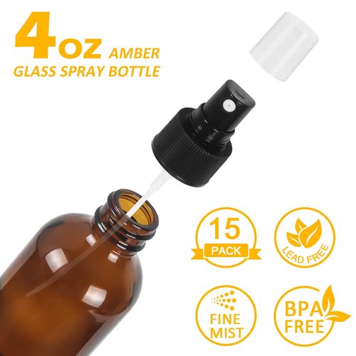 SHOWFULL 4 OZ Glass Spray Bottles, Amber Spray Containers with Fine Mist for Liquid Ingredients(15 Pack)