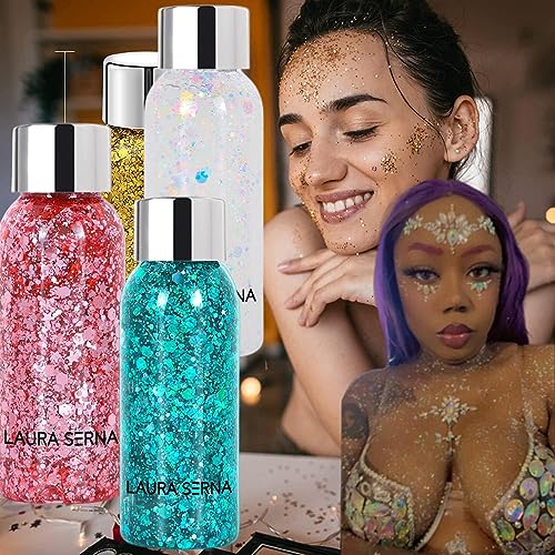 9 Pack Body Glitter Gel, Mermaid Sequin Chunky Glitter Face Hair Nail Lip Glitter Gel Lasting Sparkling Lotion Glitter Liquid Eye Shadow for Festival Birthday Makeup Party