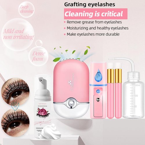 DNSGOOR Lash Extension Kit Professional Eyelash Extensions Supplies Training for Beginners Mannequin Head Grafting Lash USB Fan Lash Shampoo Brush Spraye 0.07D Curl Mix 8-15mm Practice Eyelash Strips