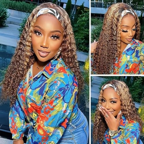 Ombre Curly Headband Wig Human Hair P4/27# Deep Wave Head band Wig for Women Brazilian Highlight Virgin Human Hair Headband Wig for Women 30 Inch