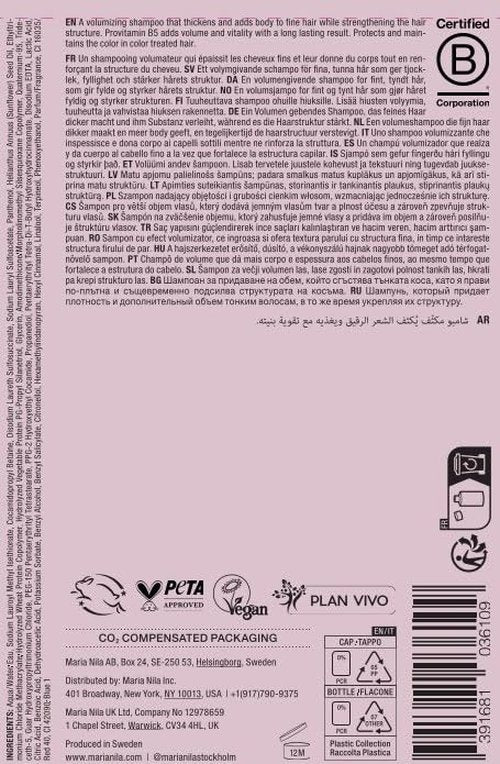 Maria Nila Pure Volume, Shampoo 11.8 Fl Oz, Vitamin B5 Gives Volume to Thin & Fine Hair, 100% Vegan & Sulfate/Paraben free