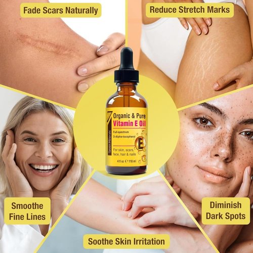 Seven Minerals Ultra Pure Vitamin E Oil - Full-Spectrum D-Alpha Tocopherol per 4 Oz Bottle - 100% Organic Vitamin E Oil for Skin, Face, Hair and Scars - Naturally Occurring=Not Synthetic