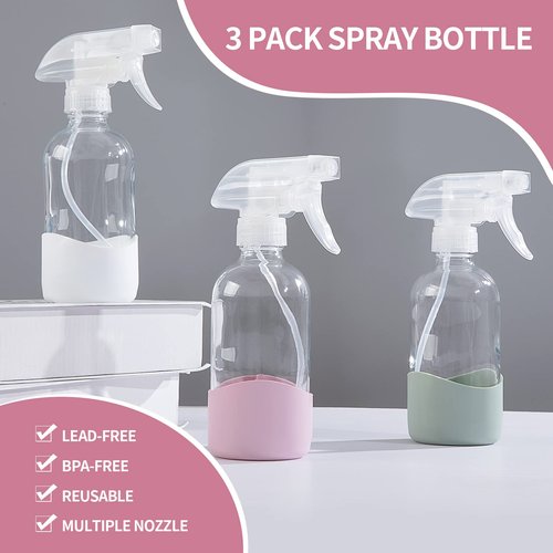 HOMBYS 8 Oz Empty Clear Glass Spray Bottles with Silicone Sleeve Protection Refillable Containers for Cleaning Solutions, Essential Oils, Misting Plants - Quality Sprayer - 3 Pack Boston Bottles