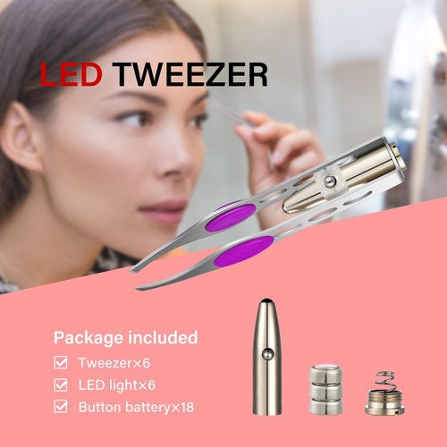 Tatuo 6 Pcs Light Stainless Steel Tweezers with LED, Makeup Eyelash Eyebrow Hair Removal Illuminating Lighted Tweezers for Precision Men Women(Red, Purple, Dark Blue)