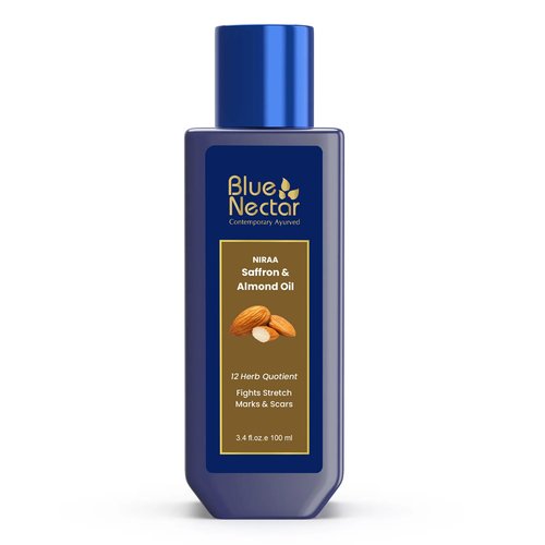 Blue Nectar Saffron & Almond Oil, Ayurveda Product for Crepey Skin | Skin Firming Body Oil for Stretch Marks (12 Herbs, 3.38 Fl Oz)