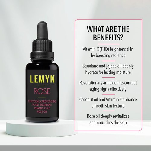Lemyn Organics Squalane + Vitamin C Rose Oil Serum | Luxury Hydrating & Brightening Face Oil | With THD Vitamin C, Rosa Damascena & Carotenoids | Freshly Made in USA | 15ml