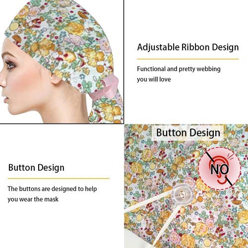 6Pcs Satin Lined Scrub Caps Women Ponytail, Adjustable Surgical Caps for Women, Scrub Hats, Nurse Cap, Nurse Surgical Hat with Button and Sweatband, Elastic Ponytail Pouch Tie Back