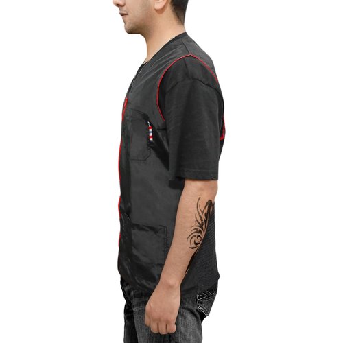 BARBSALO Professional Barber Jacket for Men Women Black Barber Shirt Lightweight Hairdresser Barber Smock Barber Vest (RED BLACK, MEDIUM)