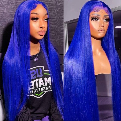 Maycaur 30 Inch Blue Lace Front Wigs for WomenPre-plucked Hairline Long Straight Navy Blue Hair Heat Resistant Fiber Glueless Synthetic Lace Front Wigs for Daily Party Cosplay Use