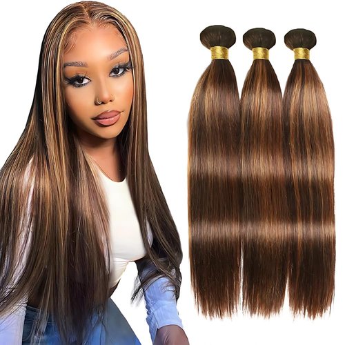 ZCMYVINND Highlight Chocolate Straight Bundles Dark Brown Bundles Human Hair 10 12 14 Inch Chocolate and Light Brown Double Weft P430 Unprocessed Brazilian Remy Hair Extensions