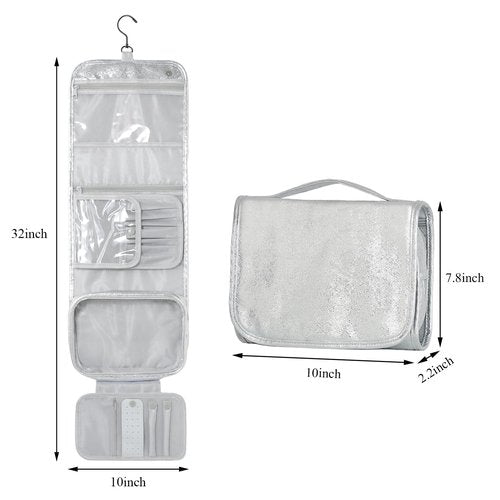 Charmix Travel Toiletry Bag for Women,Hanging Travel Toiletry Bag with Jewelry Organizer Compartment,Makeup Bag, Waterproof and Dirt Resistant, Travel Essentials,Bright Silver