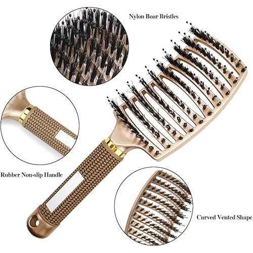 Aozzy 8Pcs Curly Hair Brush Set, Hair Brushes for Women, Round Brush for Blow Drying, Paddle Brush, Fit for Detangling Wet Long Thick Hair, Spray Bottle for Curly Wavy Hair, Family Daily Care (Golden)