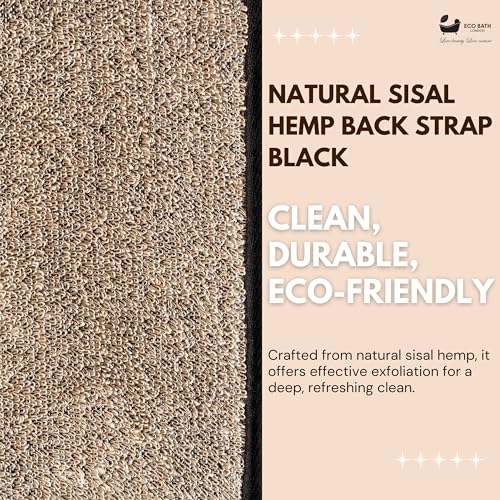 Eco Bath London Natural Sisal Hemp Back Strap Black - Premium Exfoliating Back Washer with Handles, Shower Bath Sponge Body Scrubber for Smooth Skin