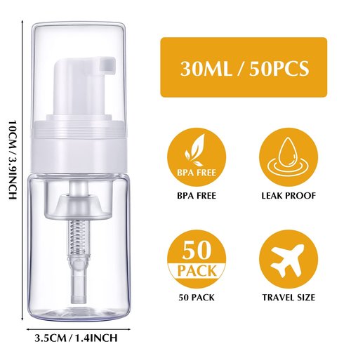 50 Pack Foam Pump 1oz/30ml Refillable Dispenser Travel Size Plastic Mini Bottle for Lash Shampoo, Cleaning, Cosmetics - Portable Clear Foaming Packaging