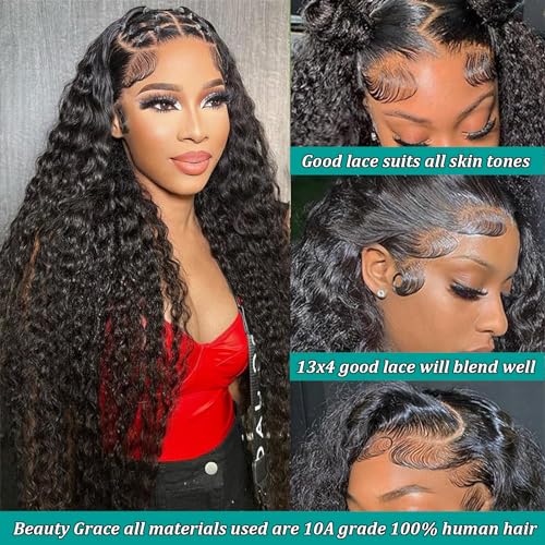 BeautyGrace 30 Inch Deep Wave Lace Front Wigs Human Hair 13x4 Deep Curly Wave Lace Frontal Wigs Human Hair Brazilian Virgin Human Hair Wigs for Fashion Women Natural Color(30Inch)
